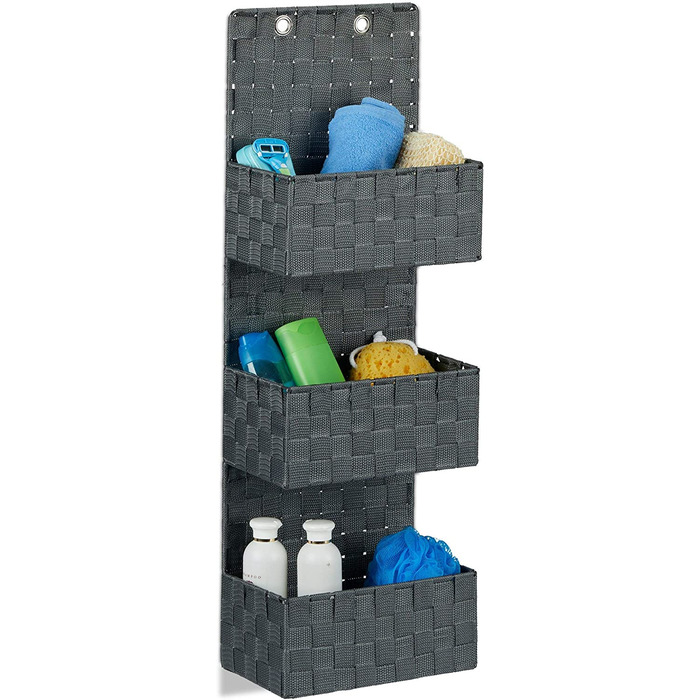 Relaxdays Hängeorganizer Stoff, Türorganizer mit 3 Aufbewahrungskörben, Wandorganizer Bad, PP, HBT: 75x25x15cm, (15 x 25 x 75 cm, Grau)