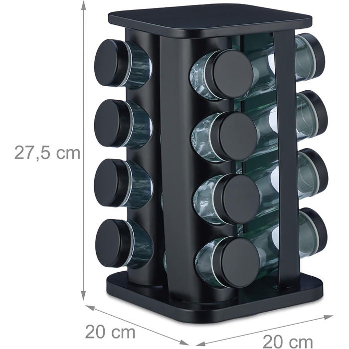 Relaxdays Gewürzkarussell, 16 Gläser, 360° drehbar, Edelstahl & Glas, 27,5x20x20 cm, schwarz