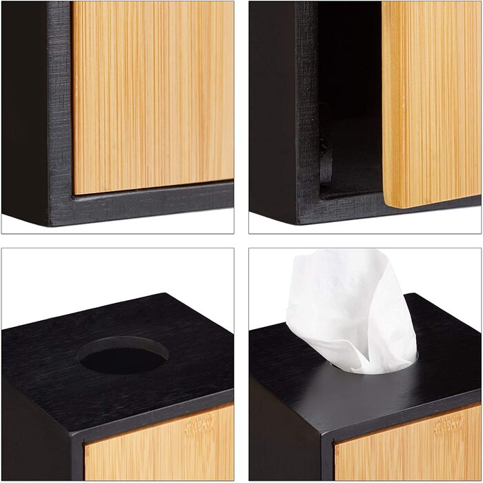 Relaxdays Kosmetiktücherbox, Bambus, 14,5x14,5x14,5cm, schwarz