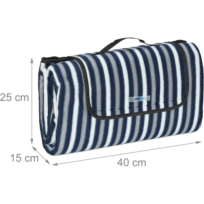 Relaxdays XXL Picknickdecke, 200 x 200 cm, Fleece Stranddecke, wärmeisoliert, wasserdicht, Tragegriff, blau/grau/weiß