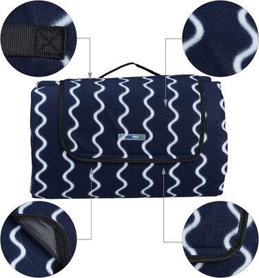 Relaxdays XXL Picknickdecke, 200x300 cm, Fleece Stranddecke, wärmeisoliert, wasserdicht, mit Tragegriff, dunkelblau/weiß