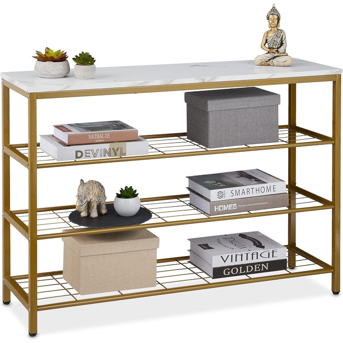 Relaxdays Konsolentisch, Marmoroptik, 70x101x30 cm, Metall & MDF, 4 Ablagen, Gold/weiß