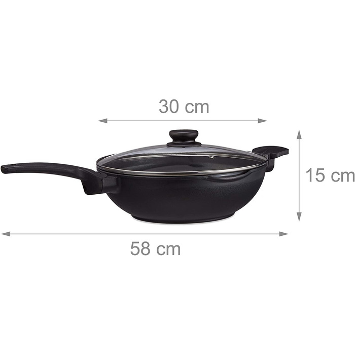 Relaxdays Wokpfanne mit Glasdeckel 30 cm, Wok mit Antihaftbeschichtung für Gas-, Elektroherd, Griff, 4 Liter, schwarz