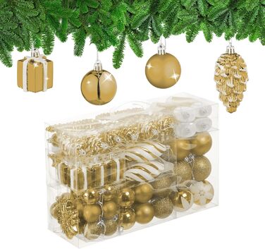 Relaxdays Weihnachtskugeln 72er Set: Glitzernd, Matt, Glänzend - Kugeln, Stiefel, Herz, Zapfen (Gold)