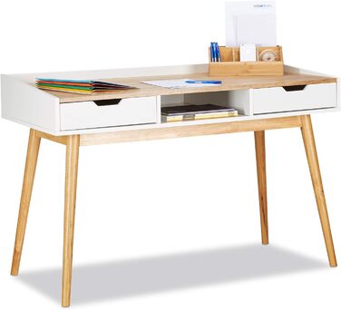 Relaxdays Schreibtisch, weiß-braun, skandinavisches Design, 2 Schubladen, HxBxT: 76x120x55cm
