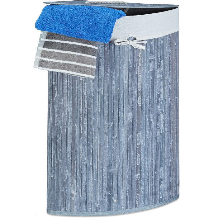 Relaxdays Eckwäschekorb, faltbar, 60 l, Baumwolle, HBT 65x49,5x37 cm, Grau, Bambusdeckel abnehmbar