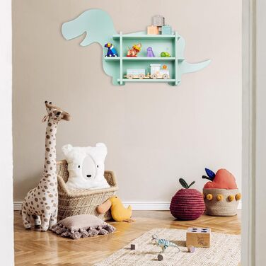 Relaxdays Kinderregal Dino, 2 Fächer, Bücherregal, HBT: 43,5x84x13,5 cm, türkis, Faserplatte
