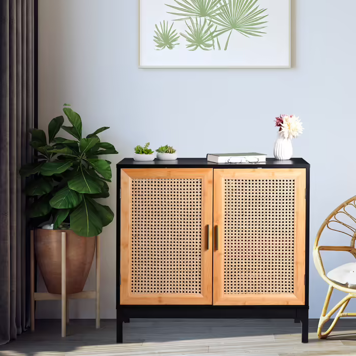 Relaxdays Sideboard mit 2 Rattan-Türen