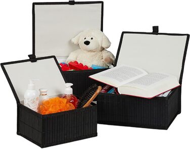 Relaxdays Aufbewahrungskorb 3er Set, Deckel & Stoffeinsatz, Bambuskorb, dekorative Aufbewahrungsbox, 3 Größen, schwarz