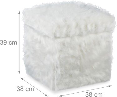 Relaxdays Sitzwürfel Fell, Faltbar, Gepolstert, Plüsch, Hocker mit Stauraum, 40 L, 39x38x38 cm, weiß
