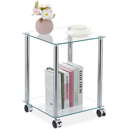 Relaxdays Beistelltisch mit Rollen, 2 Ablagen, eckig, Wohnzimmer, Glas & Stahl, mobiler Couchtisch, transparent/silber