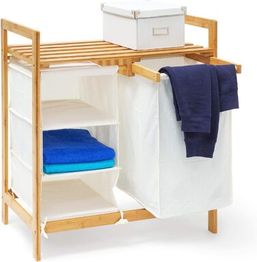 Relaxdays Wäschesammler Linea Bambus HxBxT: ca. 77 x 69,5 x 36 cm Wäschepuff mit 40 Litern Volumen 2 Ablagen und 3 Fächern als Wäschebehälter mit Wäschesack aus weißem Stoff und 2 Griffen, natur Single