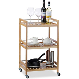 Relaxdays Servierwagen Bambus, 3 Ablagen, 360° Rollen, Edelstahl-Stangen, HBT: 76,5x46x38 cm