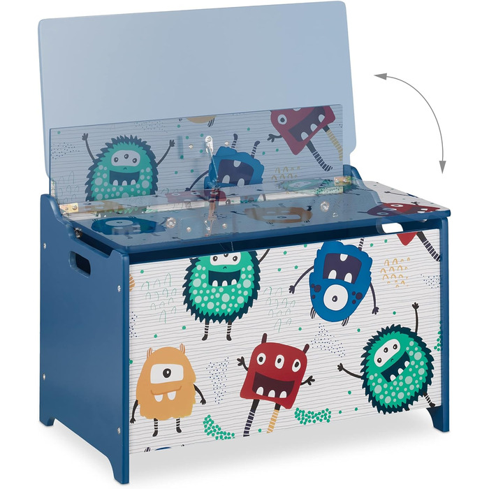 Relaxdays Spielzeugtruhe, Monster-Design, Spielzeugkiste mit Deckel, HBT: 50x60x36,5 cm, MDF, Spielzeugbox, blau/weiß