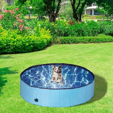 Relaxdays Hundepool, H x D: 30 x 120 cm, faltbar, mit Ablassventil, Hundeplanschbecken zur Abkühlung, PVC & MDF, blau