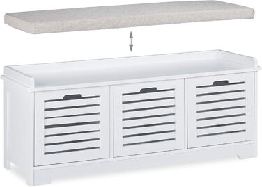 Relaxdays Sitzbank mit Stauraum, 3 Körbe & Sitzkissen, Landhausstil, 44x105x35 cm, weiß