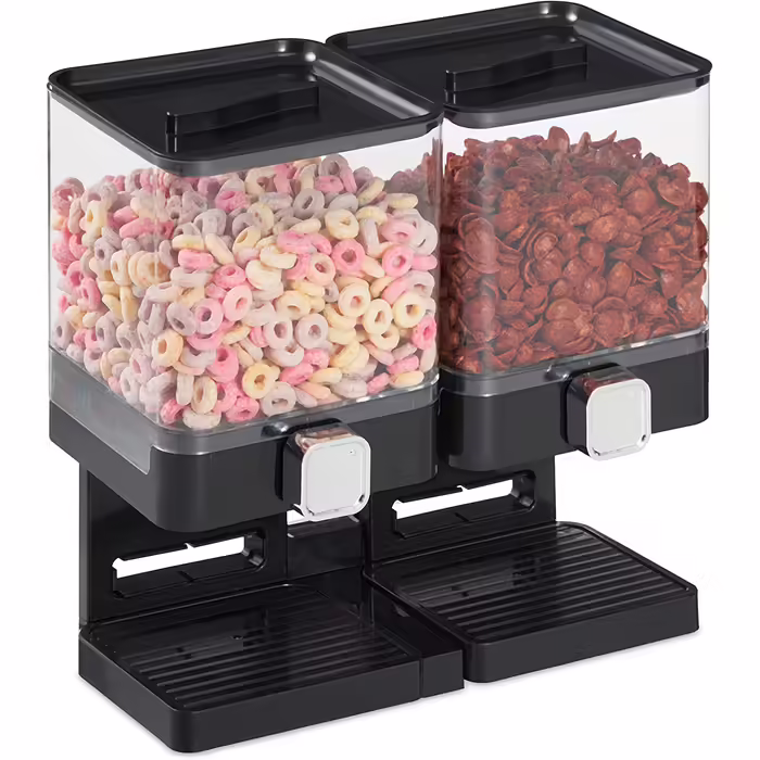 Relaxdays Müslispender doppelt, Cerealienspender für Müsli, Cornflakes, Süßigkeiten, Snackspender Kunststoff, schwarz
