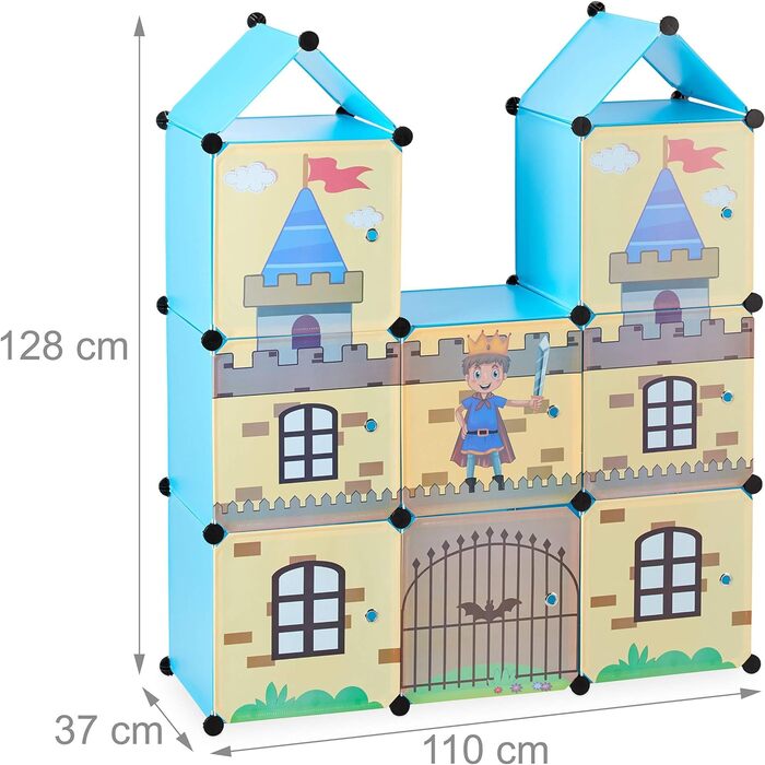 Relaxdays Steckregal Kinderzimmer, coole Ritterburg, Kunststoff, Kinderschrank mit Türen, HxBxT: 128 x 110 x 37 cm, bunt