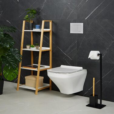Relaxdays WC Garnitur, Bambus, Edelstahl, Klopapierhalter & Toilettenbürste mit Halter, schwarz/natur