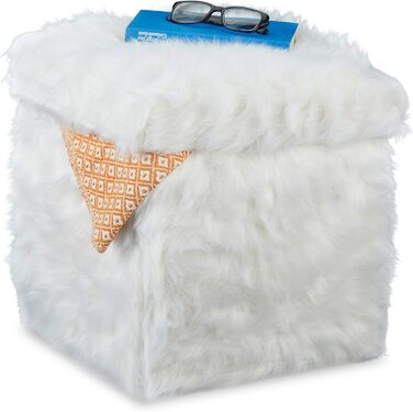 Relaxdays Sitzwürfel Fell, Faltbar, Gepolstert, Plüsch, Hocker mit Stauraum, 40 L, 39x38x38 cm, weiß