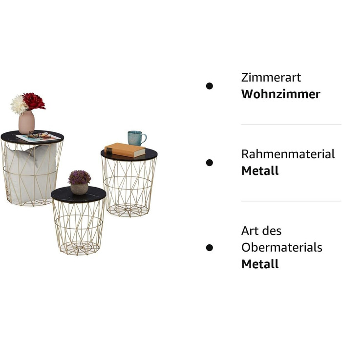 Relaxdays Korbtisch 3er Set, Beistelltisch Wohnzimmer, Metall & Marmoroptik, 3 Größen, Drahtkorb-Tisch, schwarz/Gold