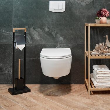 Relaxdays WC Garnitur, Bambus, Edelstahl, Klopapierhalter & Toilettenbürste mit Halter, schwarz/natur