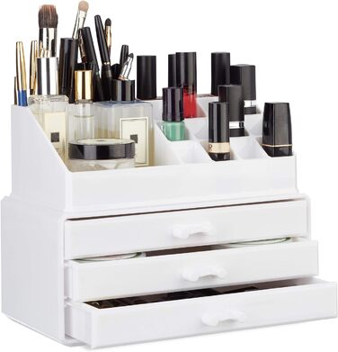 Relaxdays 1 x Make Up Organizer klein, 2-teilige Schminkaufbewahrung mit 3 Schubladen, stapelbares Kosmetikregal, weiß 1 Weiß 19 x 23.5 x 14 cm