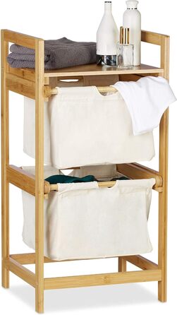 Relaxdays Wäschekorb Bambus, Wäschesortierer mit Ablage, 2 Schubladen, ausziehbar & tragbar, Wäschesammler 25 L, Natur, 1 Stück