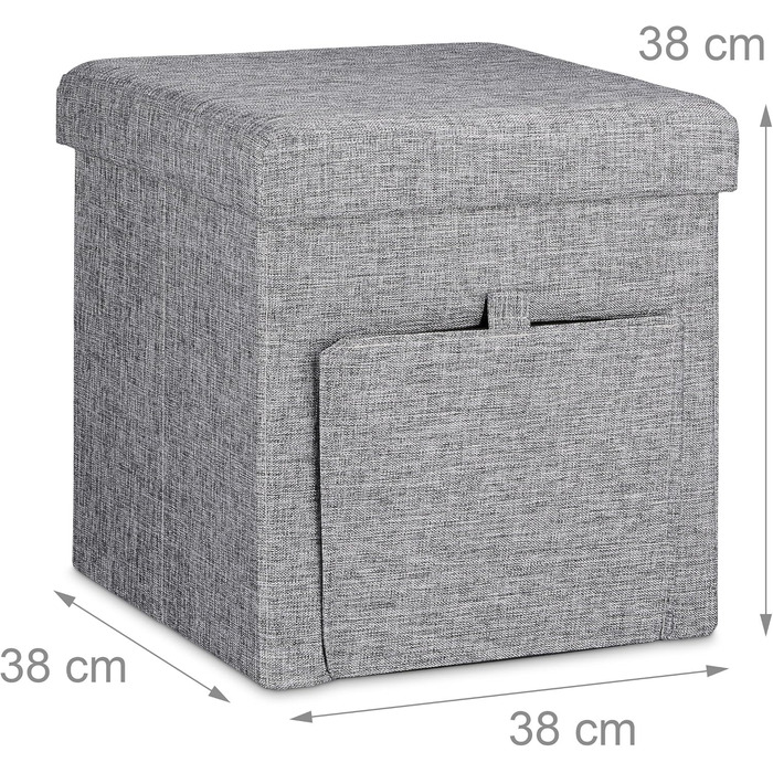 Relaxdays Faltbarer Sitzhocker, Leinen, Aufbewahrungsbox, abnehmbarer Deckel, 38x38x38 cm, grau