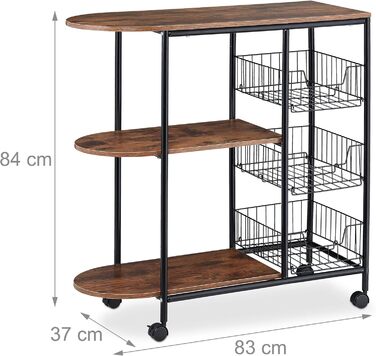 Relaxdays Servierwagen, 3 Ablagen & Körben, Industrial, Metall & MDF, 84x83x37 cm, weiß/braun
