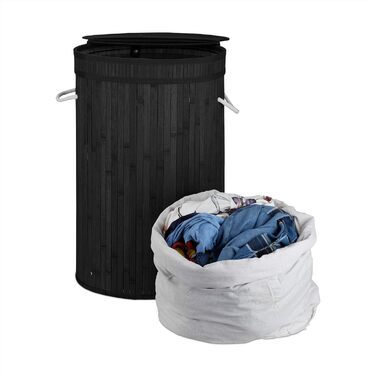 Relaxdays Wäschekorb Bambus, runder Wäschesammler mit Klappdeckel, 65 l, faltbare Wäschetonne, rund Ø 40 cm, schwarz