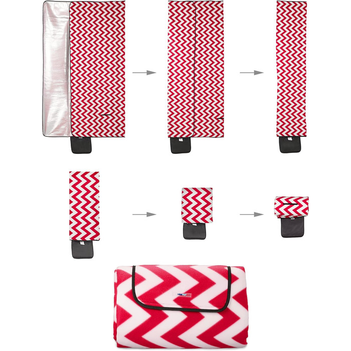 Relaxdays XXL Picknickdecke, 200x300 cm, isolierte Unterseite, Tragegriff, Fleece Stranddecke, Zickzack, weich, rot/weiß