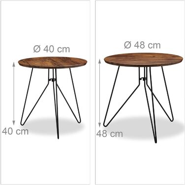 Relaxdays Beistelltisch 2er-Set, runde Satztische mit Metallgestell, Ablagetische, Tischplatte 40 u. 48 cm, MDF,  Standard (Braun)
