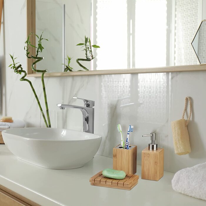 Relaxdays Badaccessoires Bambus, 3-teiliges Badezimmer Set aus Seifenspender, Seifenschale u. Zahnbürstenhalter, natur, 10 x