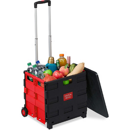 Relaxdays Einkaufstrolley klappbar, bis 35 kg, 50 l Kiste, mit Teleskopgriff, 2 Rollen, Transport Trolley, rot/schwarz