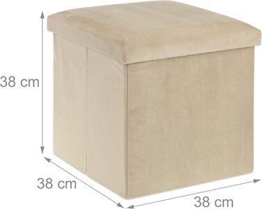 Relaxdays Sitzhocker, faltbar, 38x38x38 cm, Stauraum, MDF & Samt, Creme