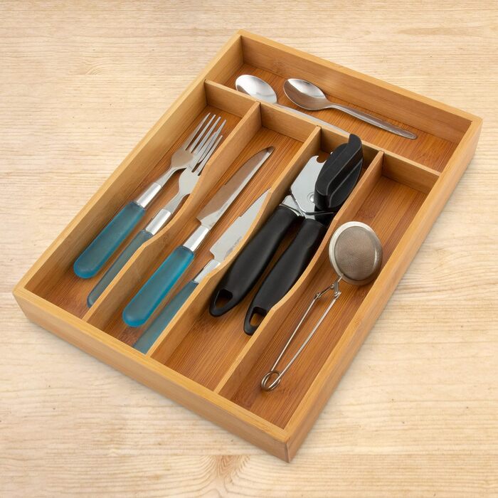 Relaxdays Besteckkasten 4,5x25,5x34cm Bambus 5 Fächer Schubladenorganizer Holz, natur (max. 50 Zeichen)