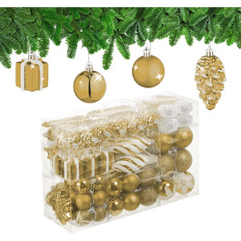 Relaxdays Weihnachtskugeln 72er Set: Glitzernd, Matt, Glänzend - Kugeln, Stiefel, Herz, Zapfen (Gold)
