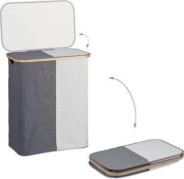 Relaxdays Wäschekorb mit Deckel, 130 l, Wäschesammler Bambus & Polyester, tragbar, atmungsaktiver Wäschesack,  90 10, (65.5x54x33.5 cm, Grau/Weiß)