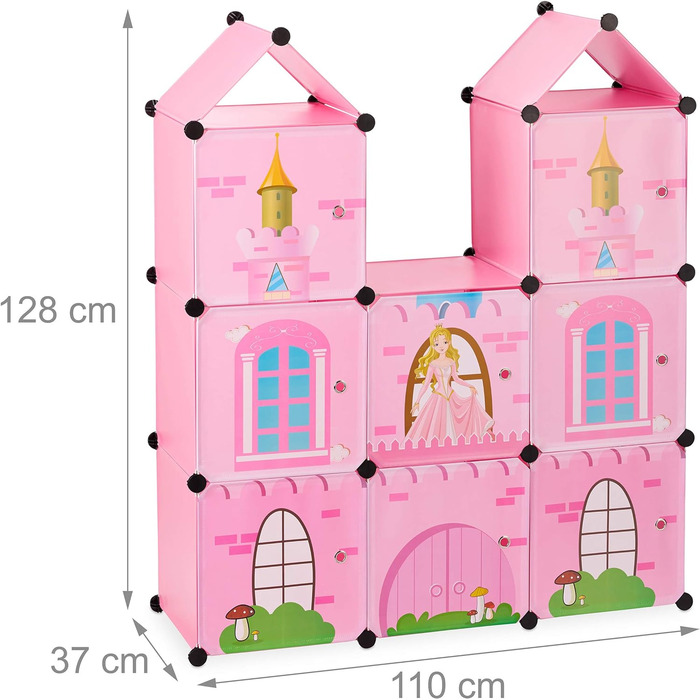 Relaxdays Steckregal Kinderzimmer, Prinzessinnenschloss, Kunststoff, DIY Schrank mit Türen, HBT: 128 x 110 x 37 cm, rosa Single