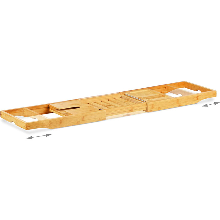 Relaxdays Badewannenablage Bambus mit Buchstütze HxBxT 17,5 x 70 x 22 cm, Weinglashalter, Badewannenbrett, Ablage, natur