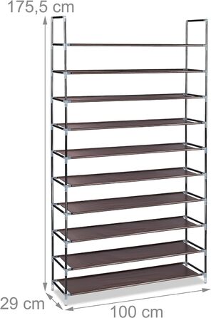 Relaxdays Schuhregal Stoff, HBT: 175,5x100x29 cm, für 50 Paar Schuhe, 10 Etagen, Stecksystem, XXL Schuhgestell, (Braun)