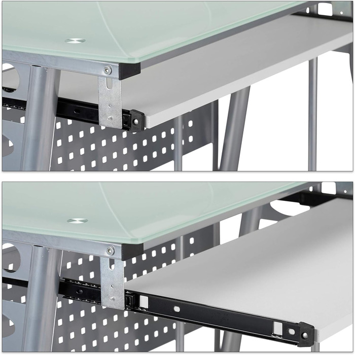 Relaxdays Computertisch, Glas, Tastaturauszug, Rechnerfach, 98x105x55 cm, modern, weiß, PB, Metall