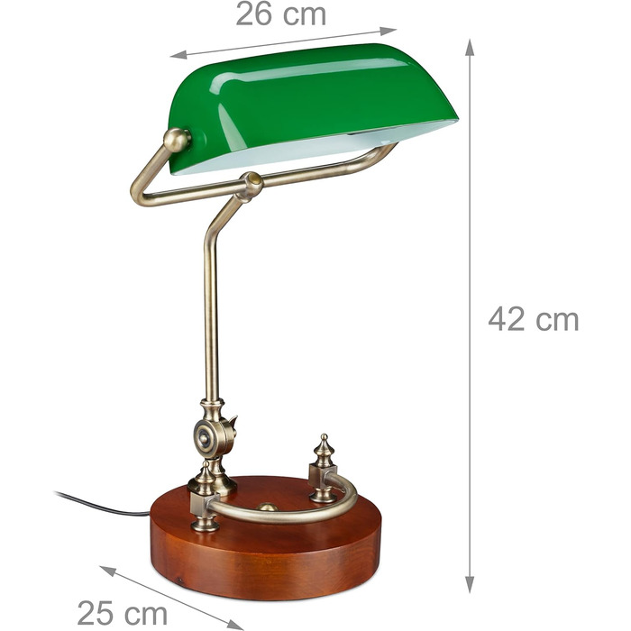 Relaxdays Bankerlampe, neigbarer Glasschirm, Holzfuß, E27-Fassung, Schreibtischlampe Retro, Bibliothekslampe, grün-braun, 42 x 26 x 25 cm