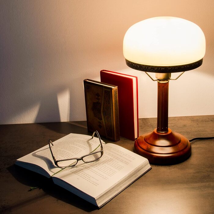 Relaxdays Tischlampe Rund Holzfuß Nostalgie Jugendstil Look, beige/Messing-Optik 10016611, Antik Single