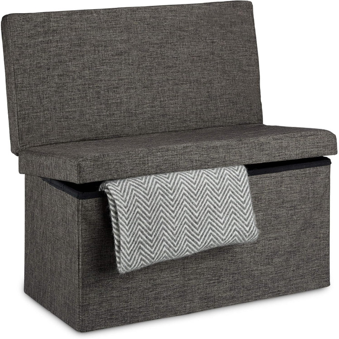 Relaxdays Faltbarer Sitzhocker mit Lehne, Stauraum, Leinen, 73x76x38 cm, Braun