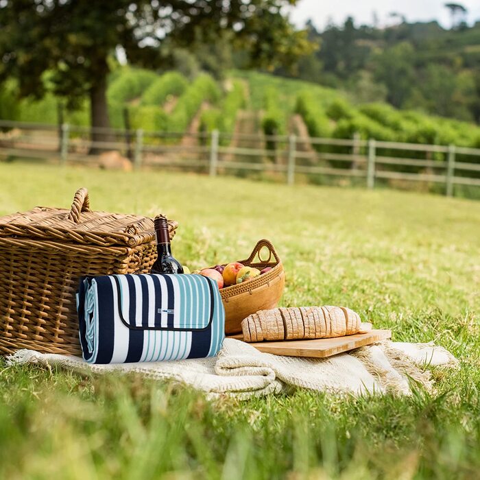 Relaxdays XXL Picknickdecke, 200x300 cm, isoliert, wasserdicht, gestreifte Fleece Stranddecke, weich, Tragegriff, bunt
