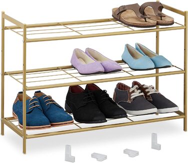 Relaxdays Metall Schuhregal, 3 Ebenen, erweiterbar, Flur Schuhgestell HBT 50 x 70 x 26 cm, 9 Paar Schuhe, offen, gold