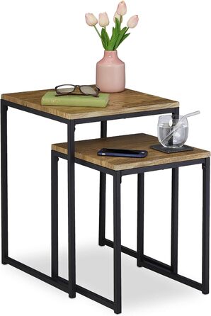 Relaxdays, stapelbar, Satztisch 2 Größen, quadratisch, Metall, Holzoptik/schwarz, Eisen, Beistelltisch 2er-Set im Industrie-Design
