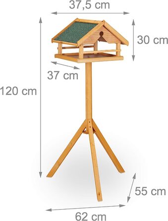 Relaxdays Vogelfutterhaus mit Ständer, groß, wetterfestes Dach, Garten, Holz Vogelhaus HBT 120 x 62 x 55 cm, Natur/grün